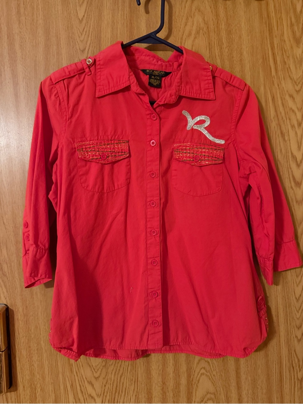 Vintage Rocawear Red Button Up Utility Shirt with Embroidered R Logo - Size XL